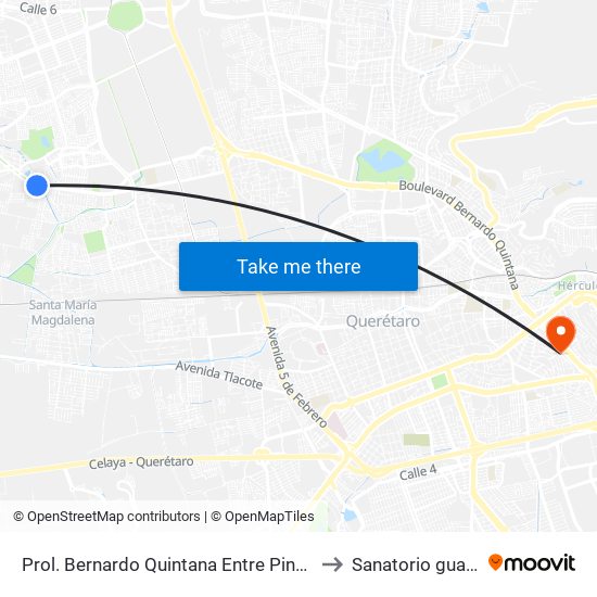 Prol. Bernardo Quintana Entre Pinos Y Berenice to Sanatorio guadalupe map