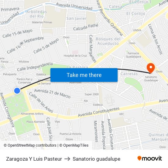 Zaragoza Y Luis Pasteur to Sanatorio guadalupe map