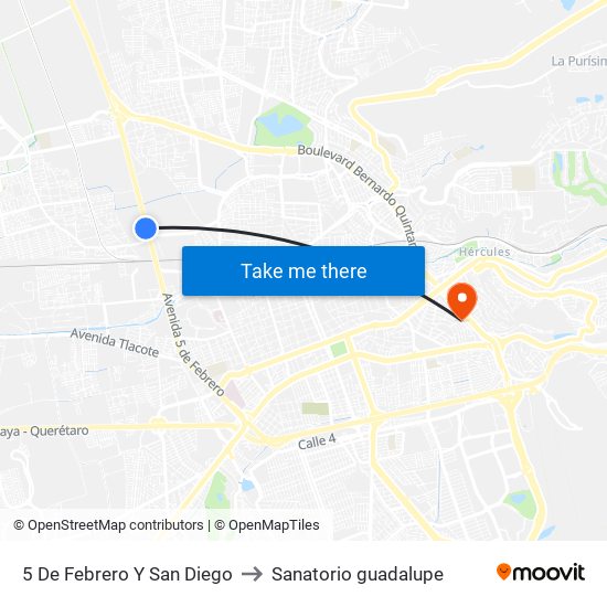 5 De Febrero Y San Diego to Sanatorio guadalupe map