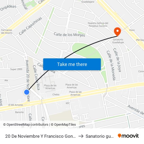 20 De Noviembre Y Francisco Gonzalez De Cosio to Sanatorio guadalupe map