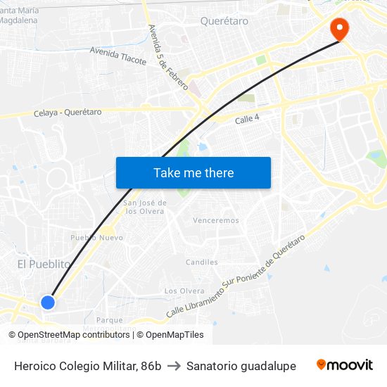 Heroico Colegio Militar, 86b to Sanatorio guadalupe map