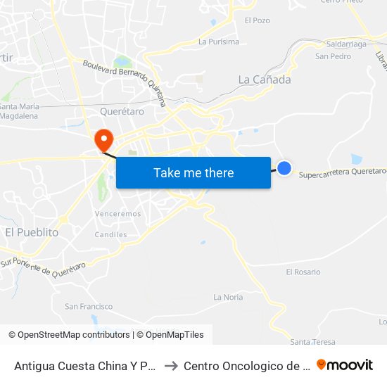 Antigua Cuesta China Y Puente Conin to Centro Oncologico de Queretaro map