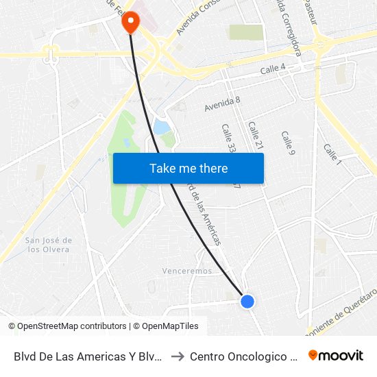 Blvd De Las Americas Y Blvd Gobernadores to Centro Oncologico de Queretaro map