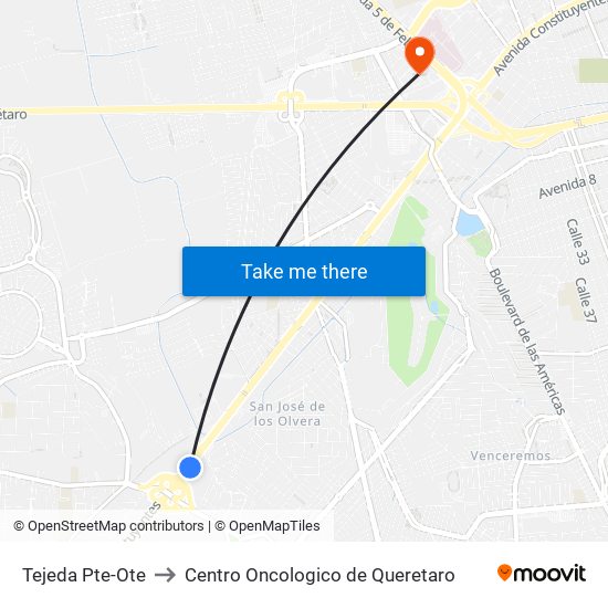 Tejeda Pte-Ote to Centro Oncologico de Queretaro map