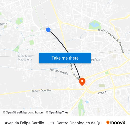 Avenida Felipe Carrillo Puerto to Centro Oncologico de Queretaro map