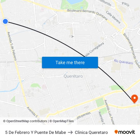 5 De Febrero Y Puente De Mabe to Clinica Queretaro map