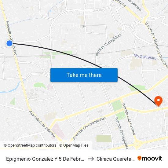 Epigmenio Gonzalez Y 5 De Febrero to Clinica Queretaro map