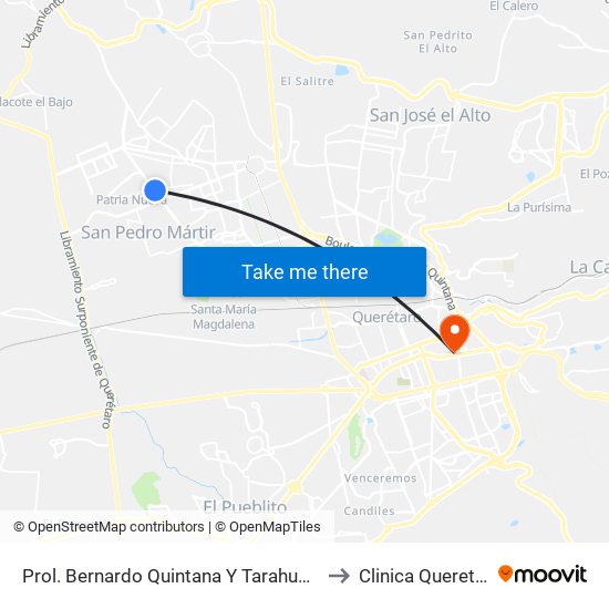Prol. Bernardo Quintana Y Tarahumaras to Clinica Queretaro map