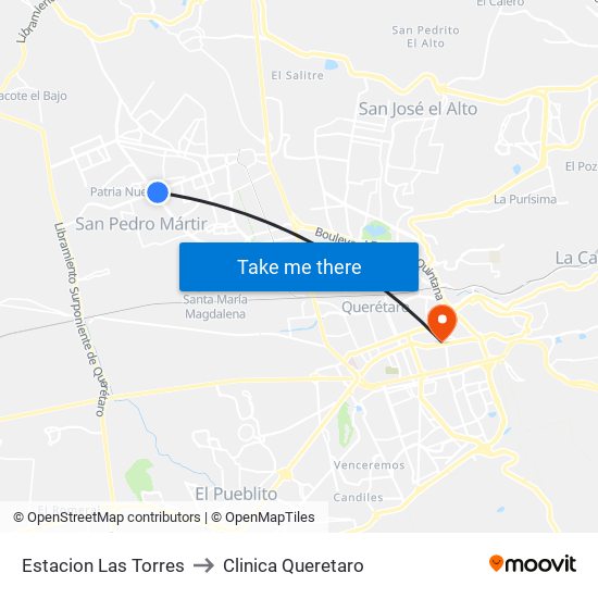 Estacion Las Torres to Clinica Queretaro map