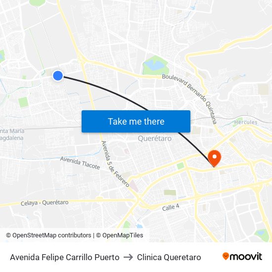 Avenida Felipe Carrillo Puerto to Clinica Queretaro map