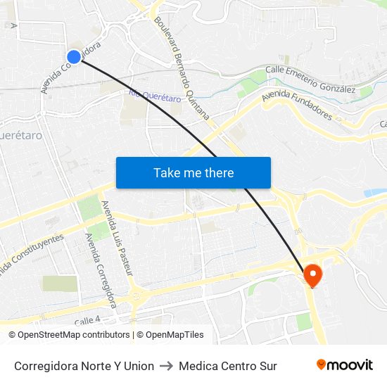 Corregidora Norte Y Union to Medica Centro Sur map