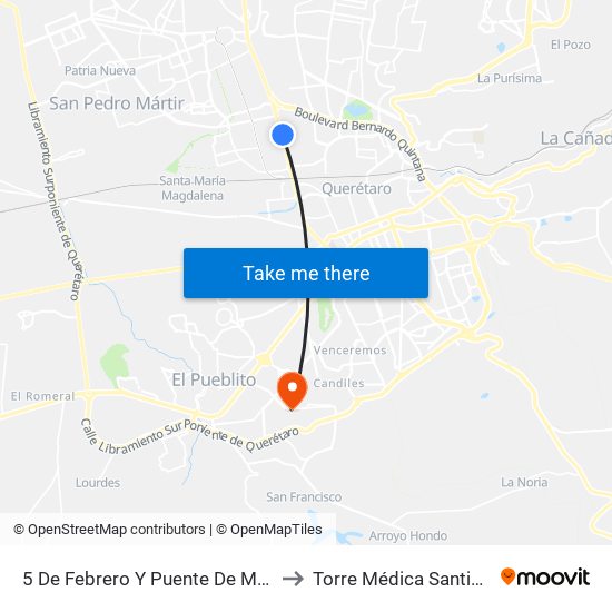 5 De Febrero Y Puente De Mabe to Torre Médica Santiago map