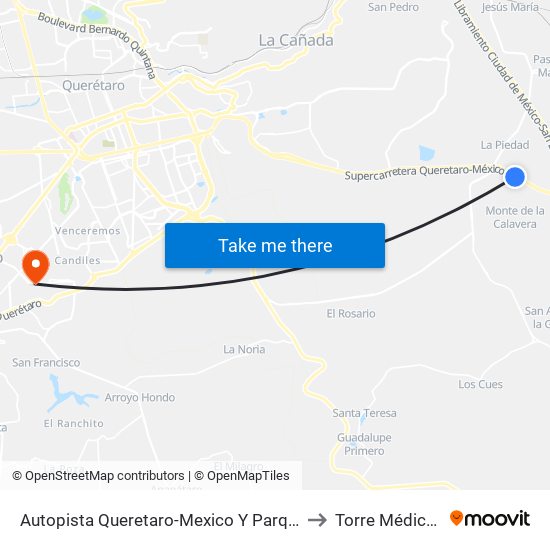 Autopista Queretaro-Mexico Y Parque Industrial El Marques to Torre Médica Santiago map