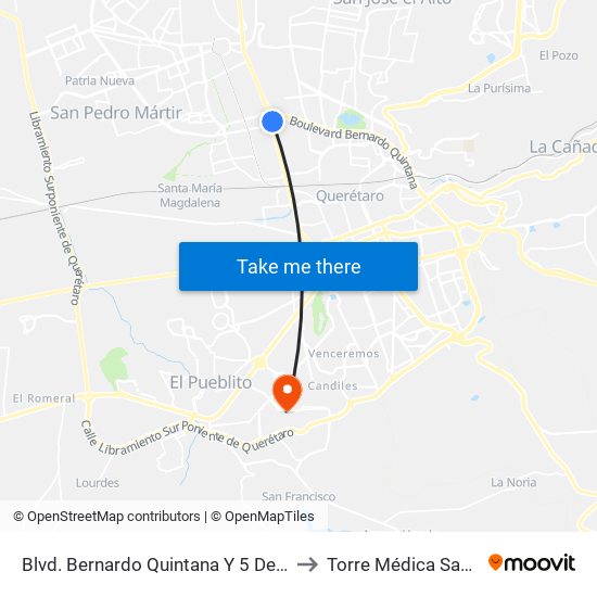 Blvd. Bernardo Quintana Y 5 De Febrero to Torre Médica Santiago map