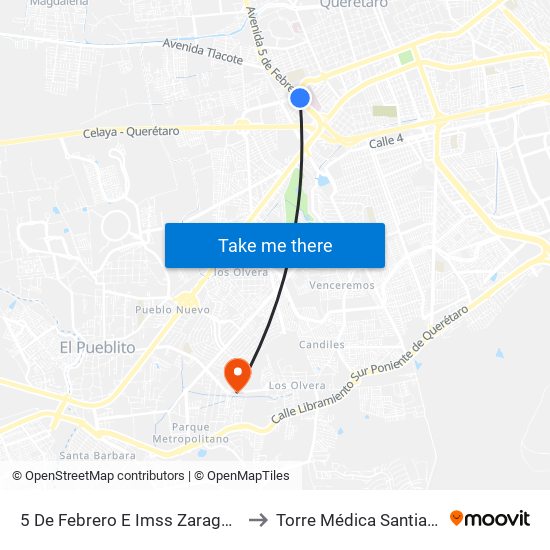 5 De Febrero E Imss Zaragoza to Torre Médica Santiago map