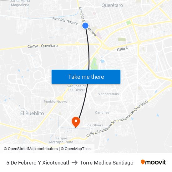 5 De Febrero Y Xicotencatl to Torre Médica Santiago map