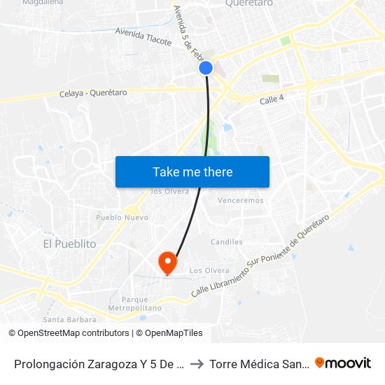 Prolongación Zaragoza Y 5 De Febrero to Torre Médica Santiago map