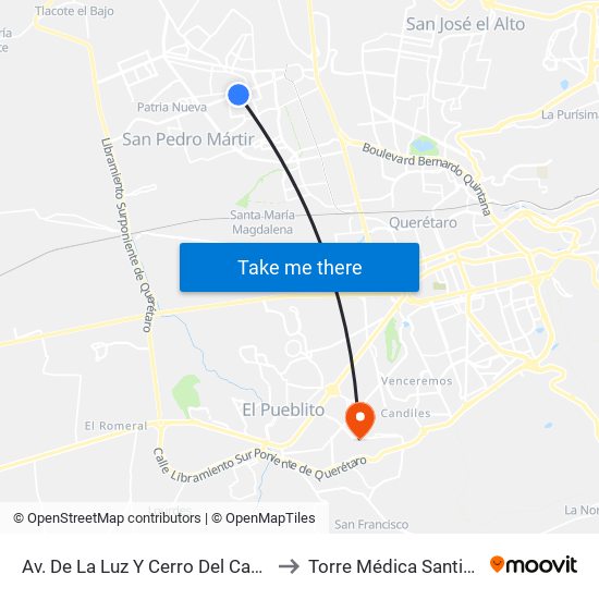 Av. De La Luz Y Cerro Del Capulín to Torre Médica Santiago map