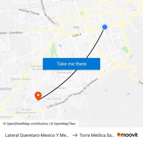 Lateral Queretaro-Mexico Y Mega Estadio to Torre Médica Santiago map