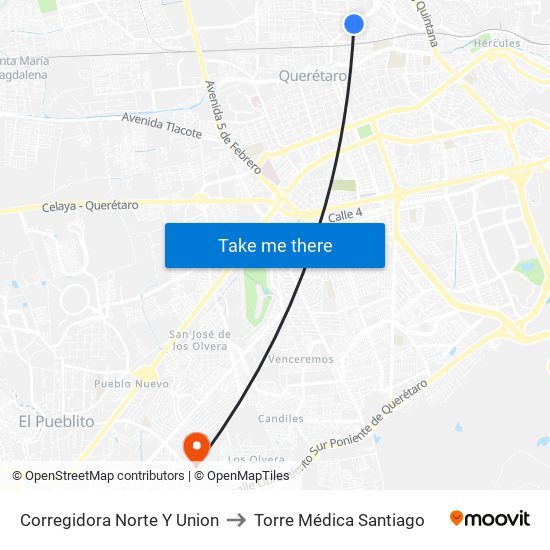 Corregidora Norte Y Union to Torre Médica Santiago map