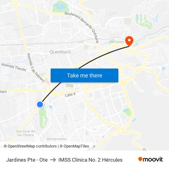 Jardines Pte - Ote to IMSS Clínica No. 2 Hércules map