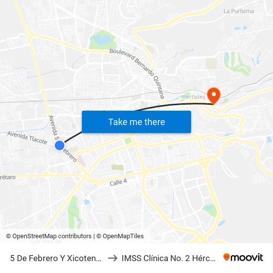 5 De Febrero Y Xicotencatl to IMSS Clínica No. 2 Hércules map