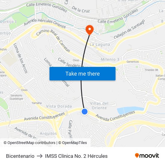 Bicentenario to IMSS Clínica No. 2 Hércules map