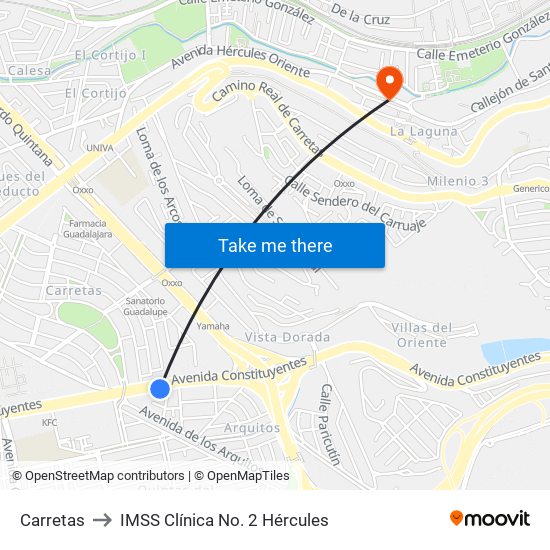 Carretas to IMSS Clínica No. 2 Hércules map