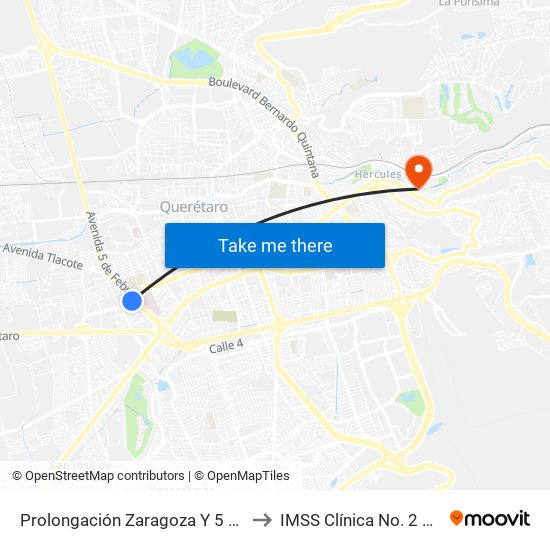 Prolongación Zaragoza Y 5 De Febrero to IMSS Clínica No. 2 Hércules map