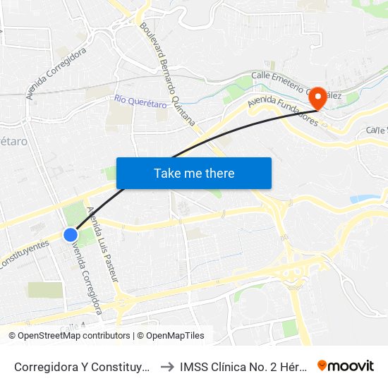 Corregidora Y Constituyentes to IMSS Clínica No. 2 Hércules map
