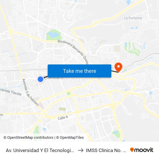 Av. Universidad Y El Tecnologico De Queretaro to IMSS Clínica No. 2 Hércules map
