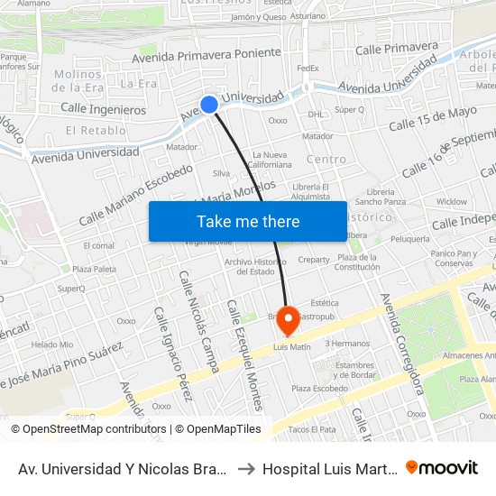 Av. Universidad Y Nicolas Bravo to Hospital Luis Martin map