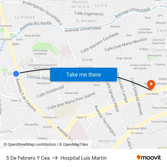 5 De Febrero Y Cea to Hospital Luis Martin map