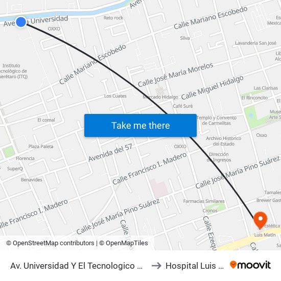 Av. Universidad Y El Tecnologico De Queretaro to Hospital Luis Martin map