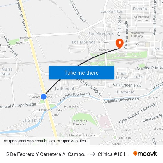 5 De Febrero Y Carretera Al Campo Militar to Clínica #10 IMSS map