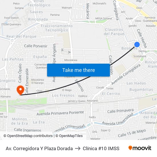 Av. Corregidora Y Plaza Dorada to Clínica #10 IMSS map