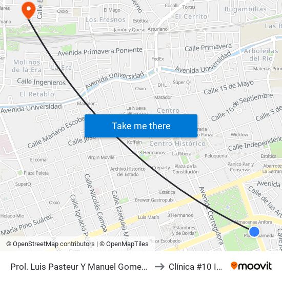 Prol. Luis Pasteur Y Manuel Gomez Morin to Clínica #10 IMSS map