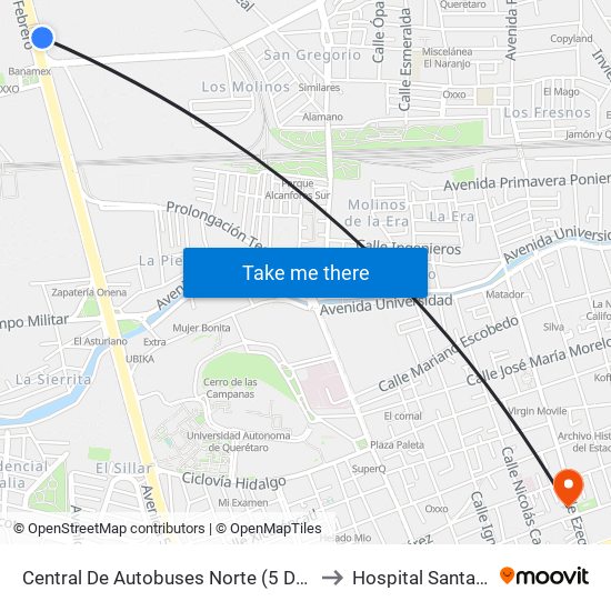 Central De Autobuses Norte (5 De Febrero Y Epigmenio González) to Hospital Santa Rosa de Viterbo map