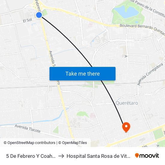 5 De Febrero Y Coahuila to Hospital Santa Rosa de Viterbo map