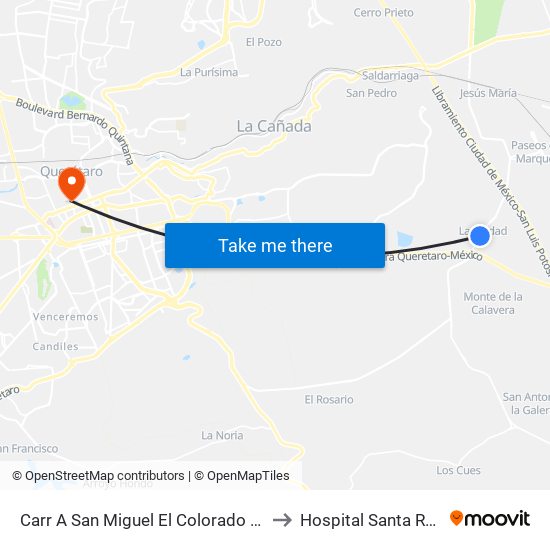 Carr A San Miguel El Colorado Y Calle San Juan Del Río to Hospital Santa Rosa de Viterbo map