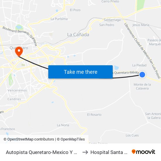 Autopista Queretaro-Mexico Y Parque Industrial El Marques to Hospital Santa Rosa de Viterbo map