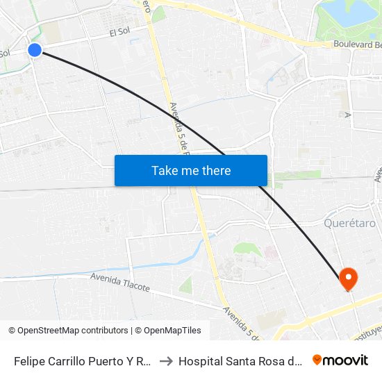 Felipe Carrillo Puerto Y Revolución to Hospital Santa Rosa de Viterbo map