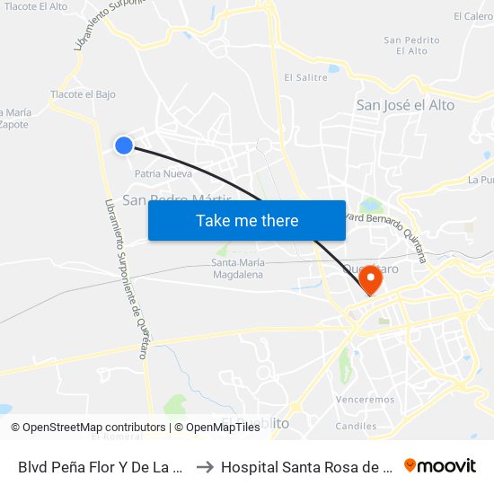 Blvd Peña Flor Y De La Cantera to Hospital Santa Rosa de Viterbo map