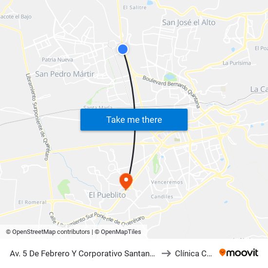 Av. 5 De Febrero Y Corporativo Santander to Clínica CER map