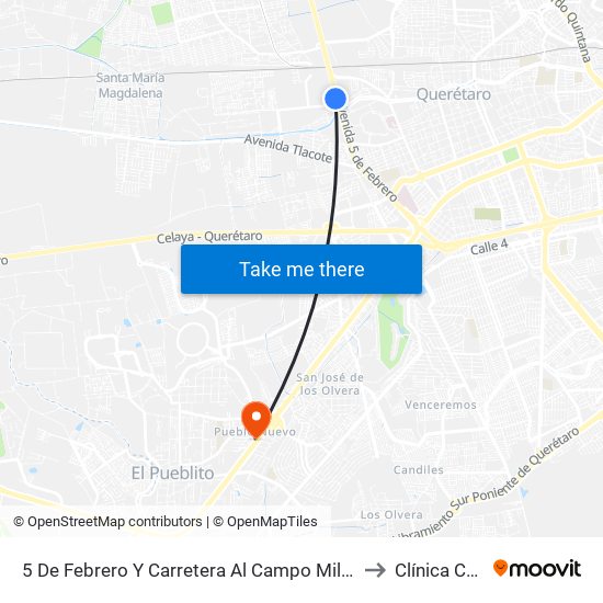 5 De Febrero Y Carretera Al Campo Militar to Clínica CER map