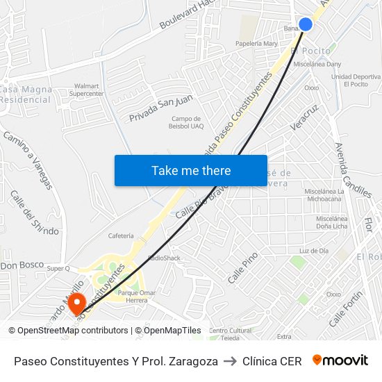 Paseo Constituyentes Y Prol. Zaragoza to Clínica CER map