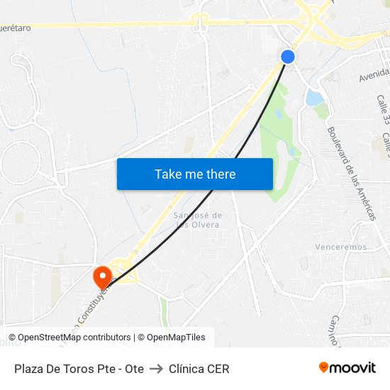 Plaza De Toros Pte - Ote to Clínica CER map