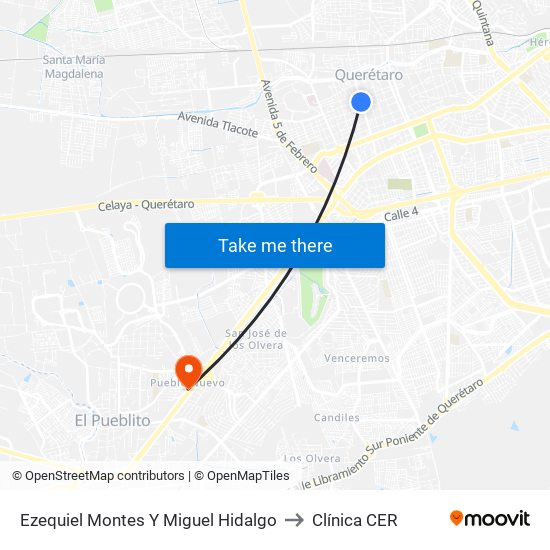 Ezequiel Montes Y Miguel Hidalgo to Clínica CER map