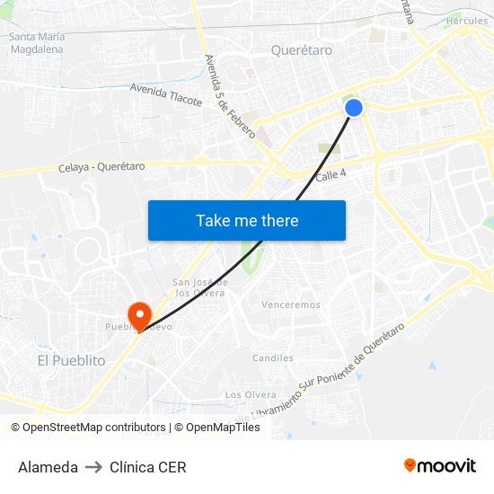 Alameda to Clínica CER map