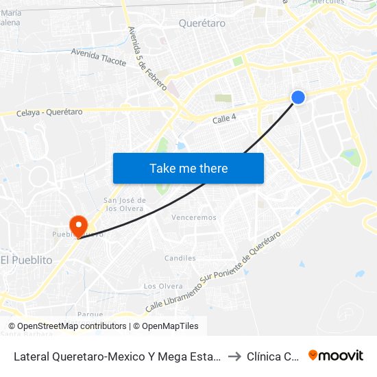 Lateral Queretaro-Mexico Y Mega Estadio to Clínica CER map